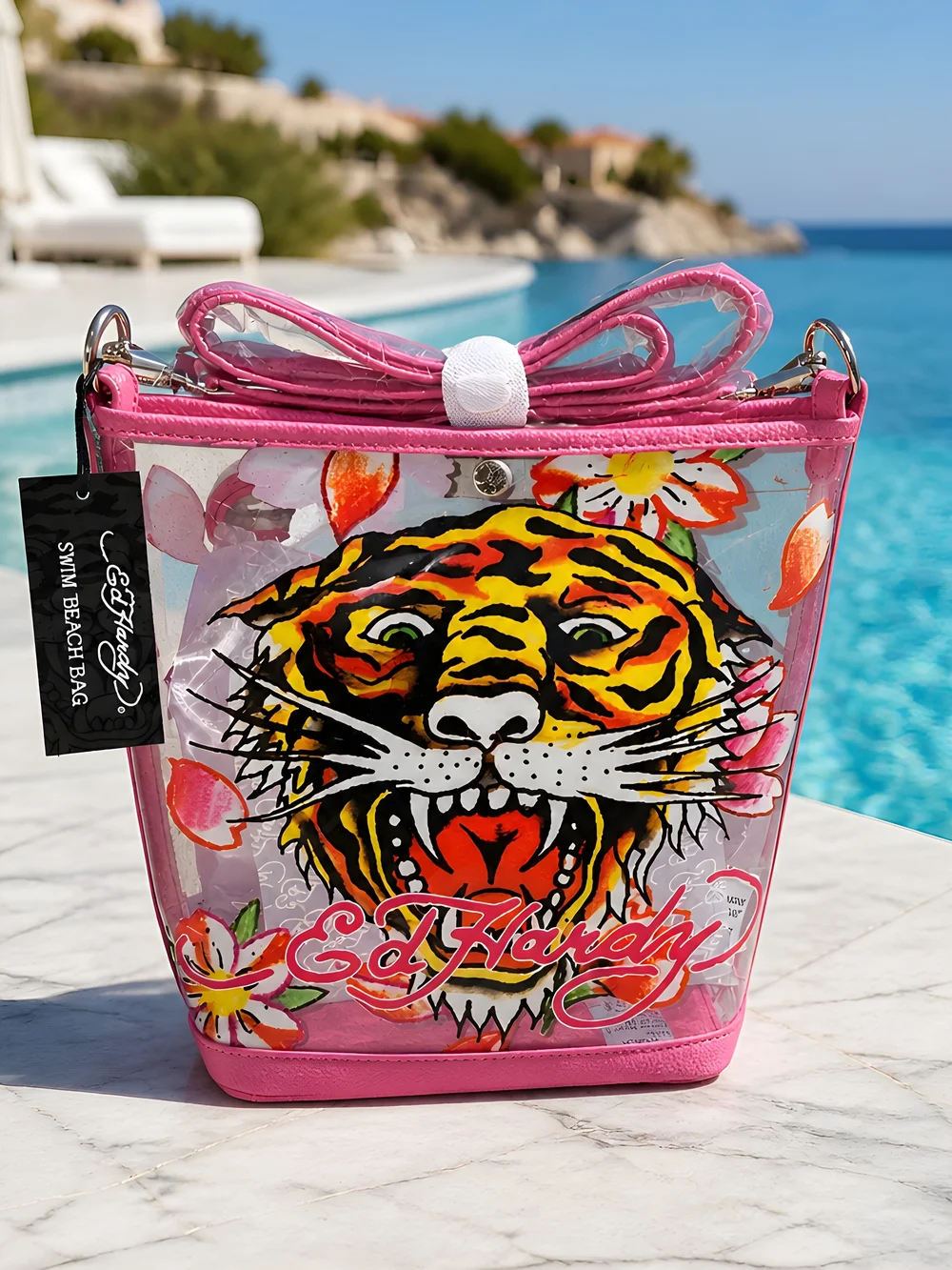 Ed Hardy Pink Clear Crossbody with Bold Tiger Graphic